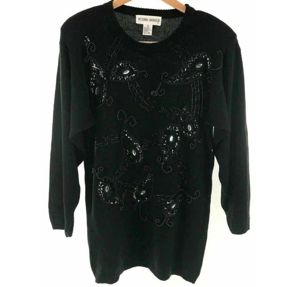 Vintage Victoria Harbour Black Beaded Sweater 80s Oversized Knit Top Statement